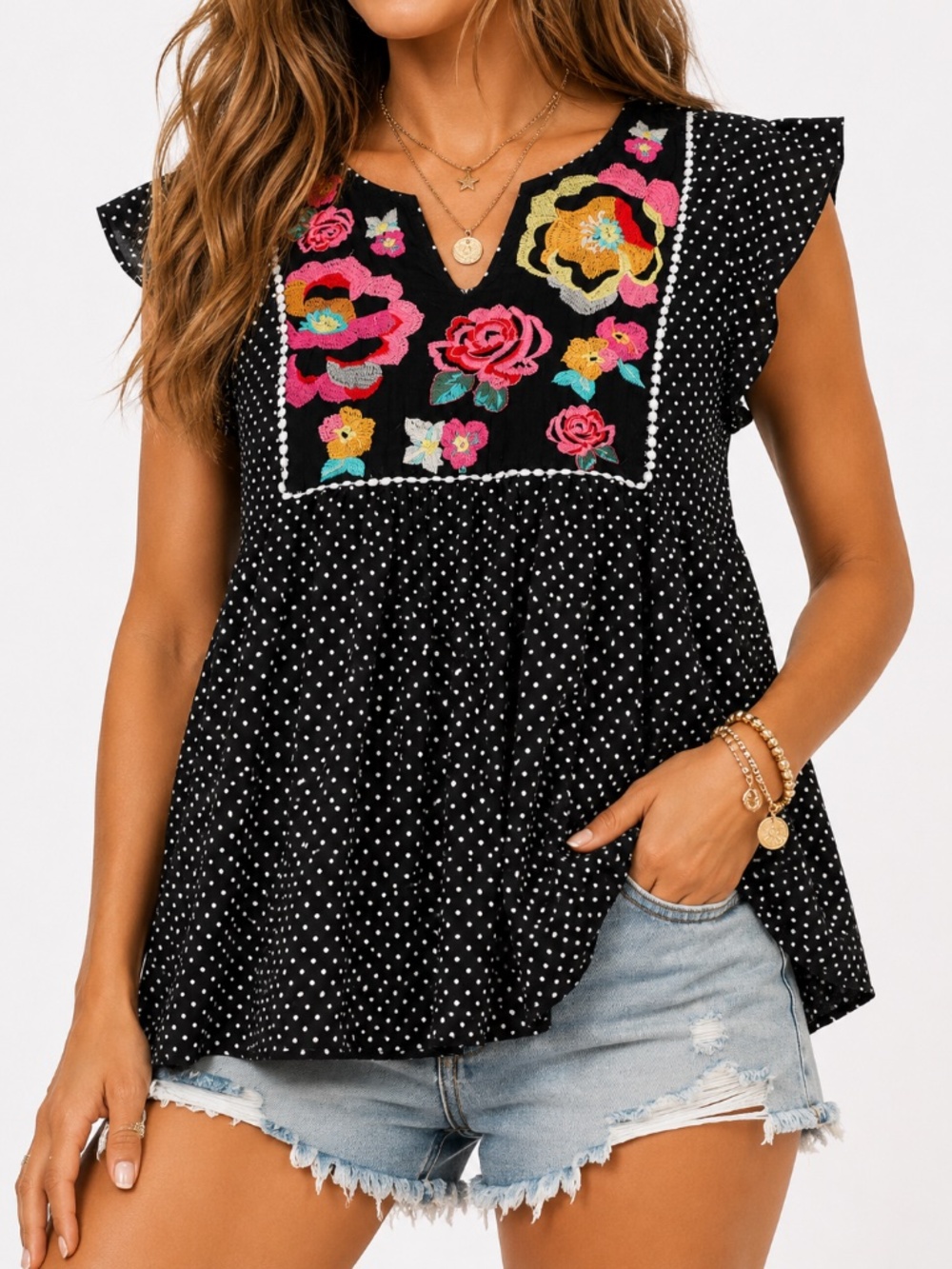 Savanna Jane Embroidered Polka Dot Boho Top Size M - Picture 2 of 7